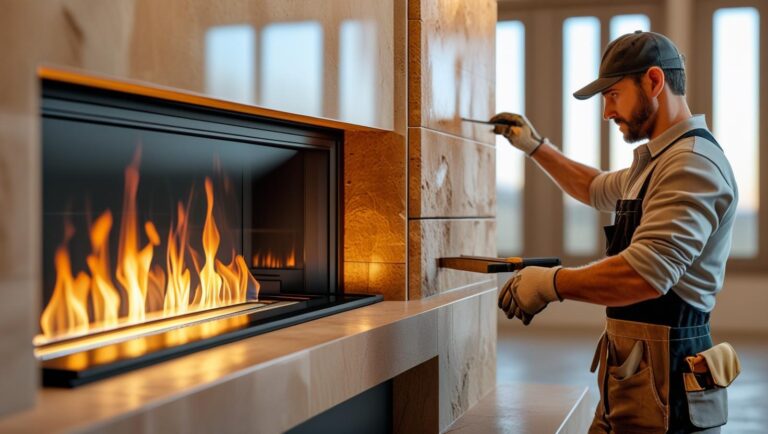 Artigiano al lavoro su termocamino moderno e tecnologico con vetro ceramico e pietra naturale