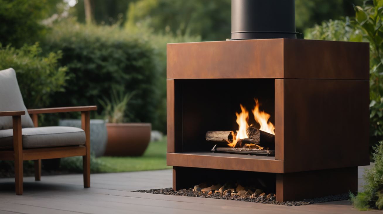 Camino in acciaio corten in un giardino con arredi di design
